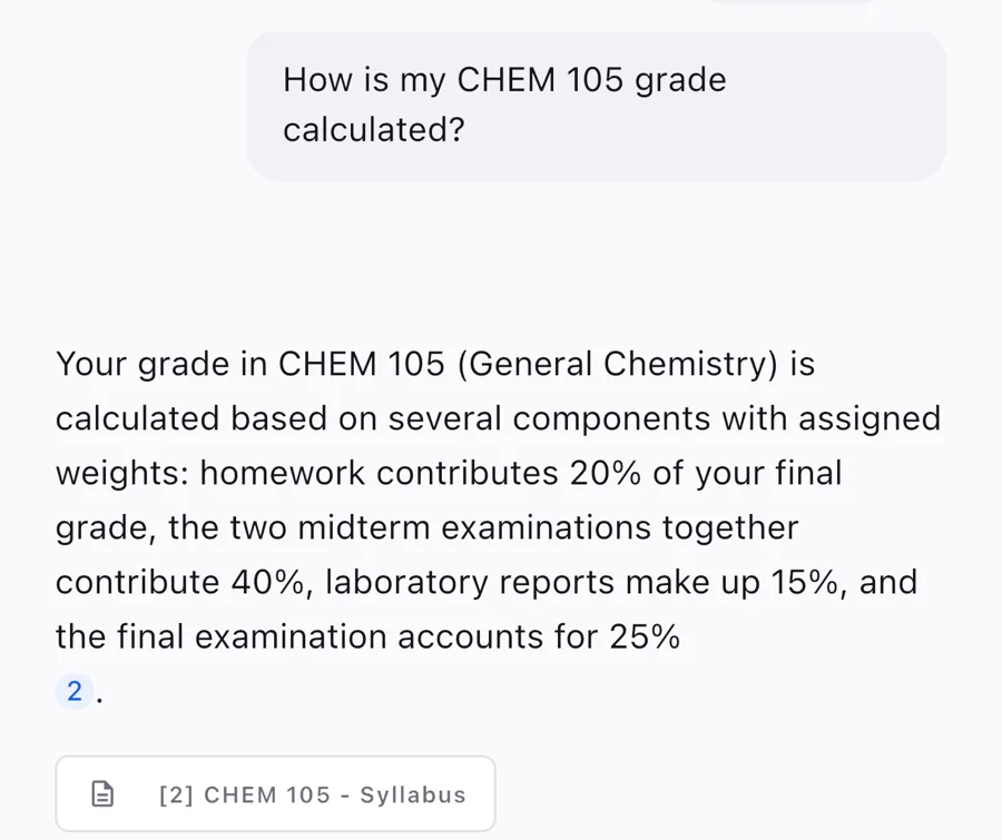 A Coursi exchange: asked how a CHEM 105 grade is calculated, it answers that homework is 20% of the final grade, the two midterms together 40%, laboratory reports 15% and the final examination 25% — and cites the CHEM 105 syllabus beneath the answer.