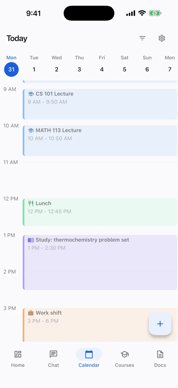 Coursi's week view with lectures, study blocks and deadlines laid out by hour, colour-coded per course.