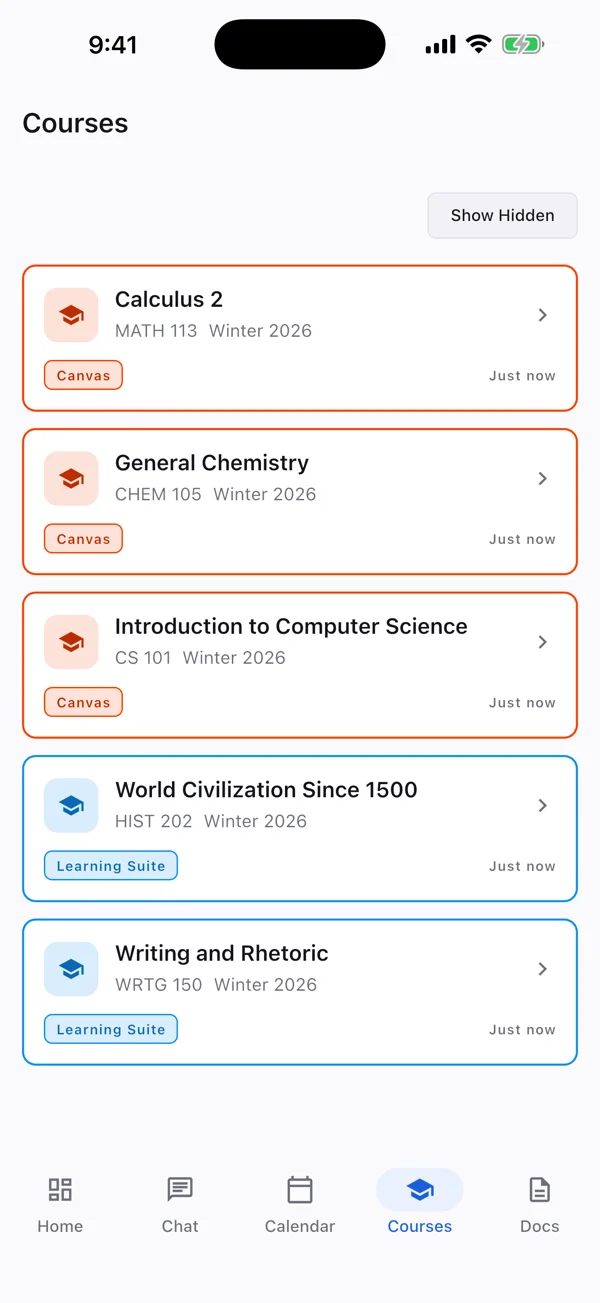 Coursi's course list — Calculus 2, General Chemistry, Introduction to Computer Science, World Civilization Since 1500, Writing and Rhetoric — each tagged Canvas or Learning Suite.