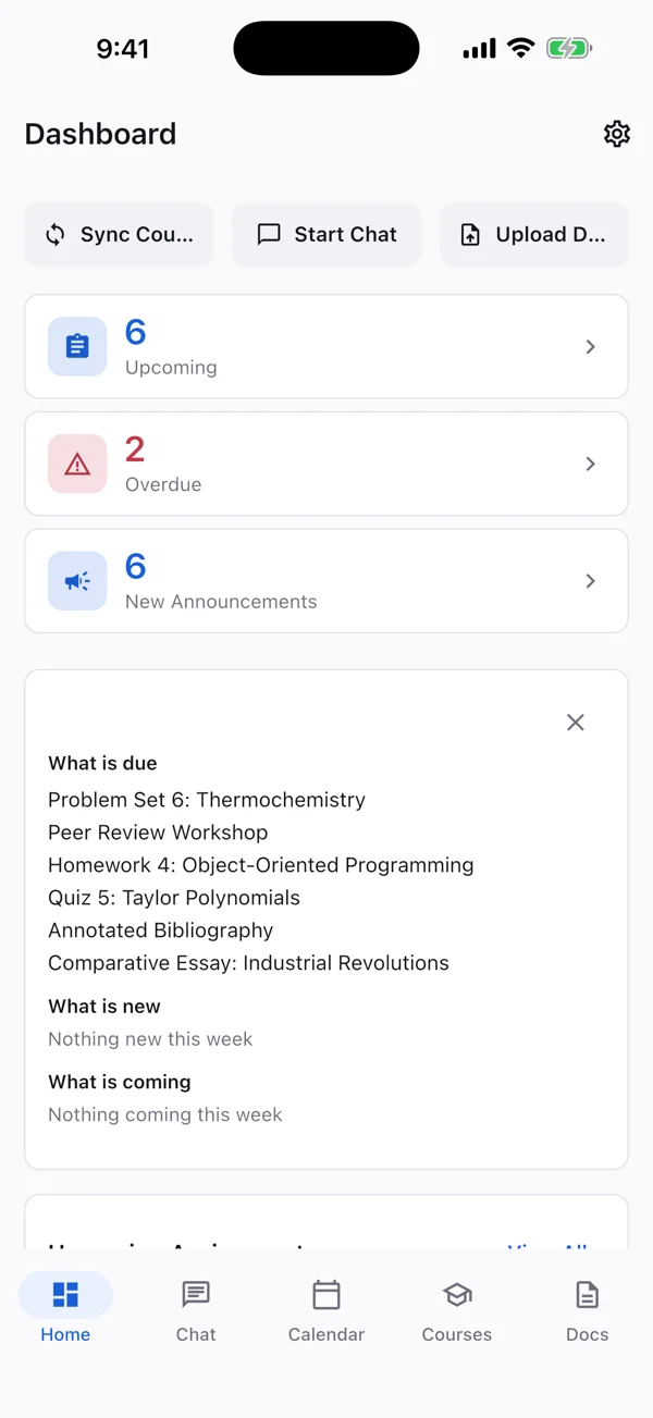 Coursi's dashboard listing what is overdue, due today and due this week across every course.