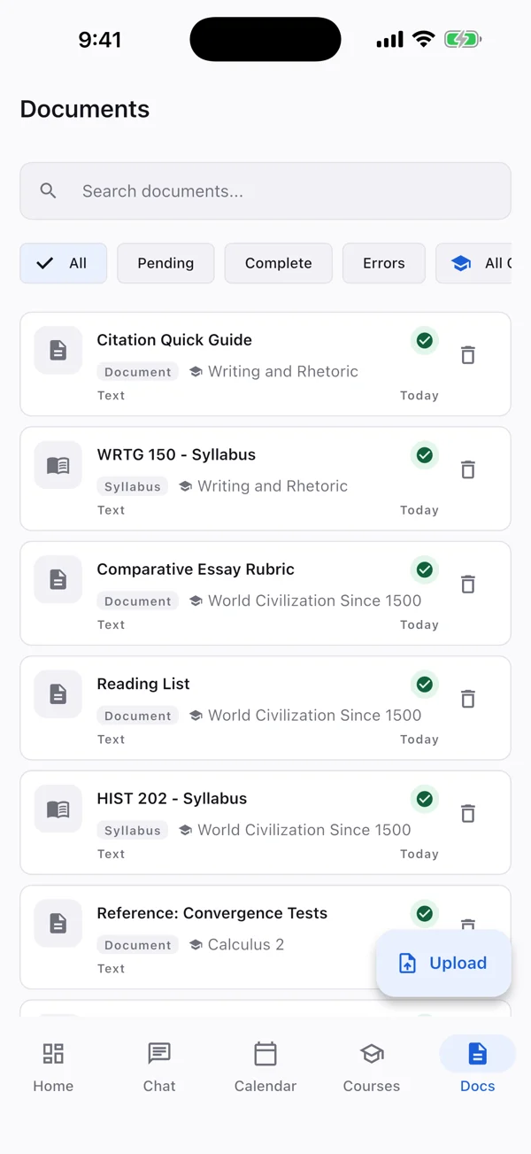 Coursi's document library: syllabi, readings, rubrics and study guides from every course in one searchable list.